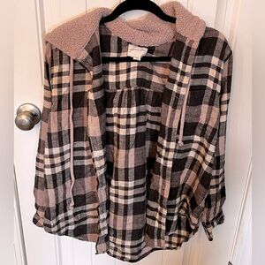 American Eagle Flannel Hooded Jacket - Purple and Black Plaid - Size S